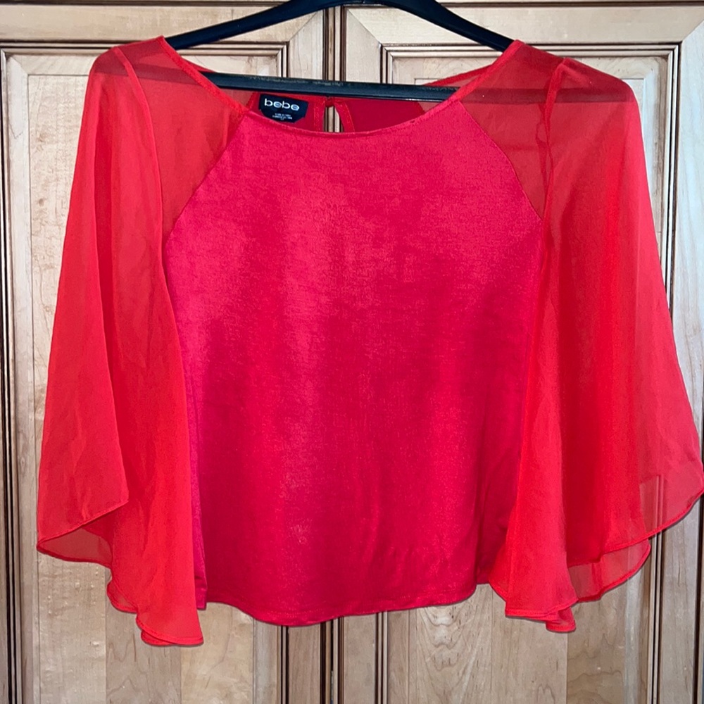 Bebe Red Dressy Top w/Sheer Sleeves